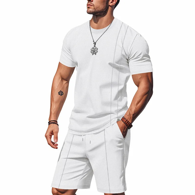 Men's Waffle Knit 2 Piece Tracksuit Set Solid Color Short Sleeve Crew Neck T Shirt Elastic Waist Shorts Summer Casual Outfit.