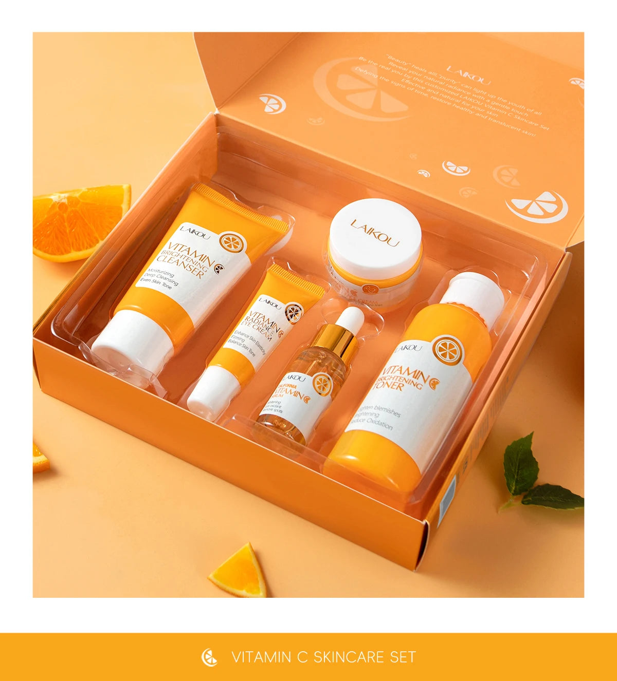 LAIKOU VITAMIN C Skincare Set Brightening 5Pcs Kit Even Skin Tone Smooth Wrinkle Tighten Pores Cleanser Toner Serum Eye Cream