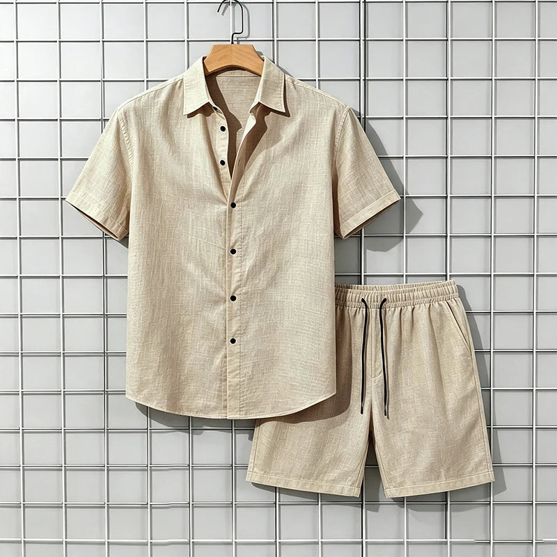 Men's 2 Piece Breathable Linen Set Short Sleeve Button Shirt & Shorts Looser Fit Summer Casual Beach Vacation Daily Wear Outfit