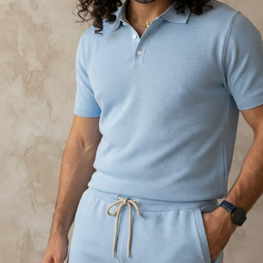 Mens Summer Short-Sleeved Polo And Mesh Shorts Set