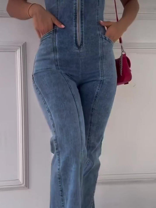 Sleeveless Paneled Zipper Denim Jumpsuit - BKKFinds