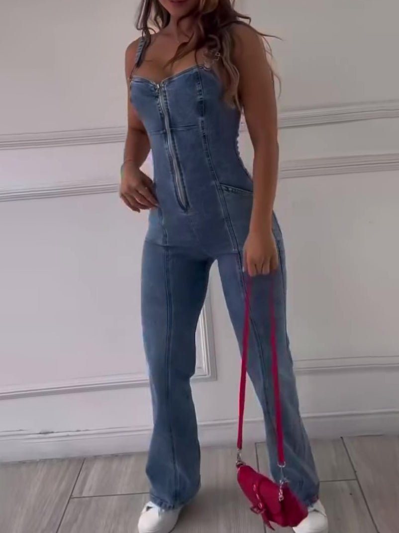 Sleeveless Paneled Zipper Denim Jumpsuit - BKKFinds