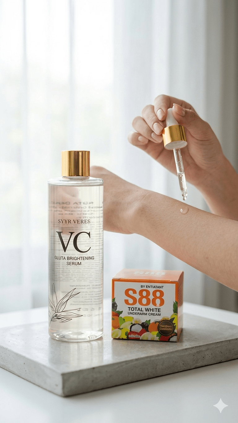 A person holding a skincare cream solution for brightening dark elbows and knees.