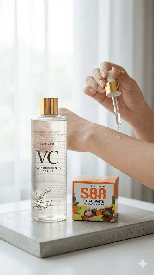 A person holding a skincare cream solution for brightening dark elbows and knees.