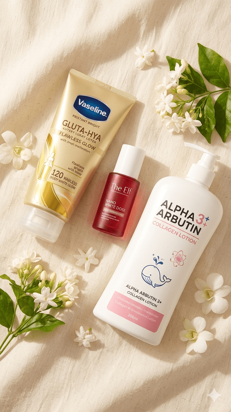 Flat lay of Thai skincare products on a neutral fabric background for a glass skin routine.