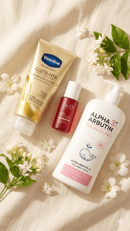 Flat lay of Thai skincare products on a neutral fabric background for a glass skin routine.