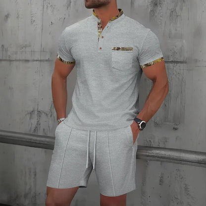Summer Waffle Solid Color Casual Loose Collar Polo Shirt Set European and American Men Short Sleeved Shorts Casual Set