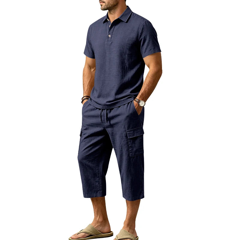 Men's Linen Breathable Loose Polo Two-Piece Set Short-Sleeve Top Work Pants Summer Beach Casual Sports Outfit