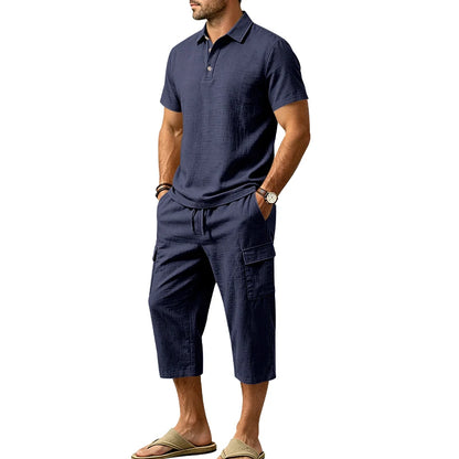 Men's Linen Breathable Loose Polo Two-Piece Set Short-Sleeve Top Work Pants Summer Beach Casual Sports Outfit