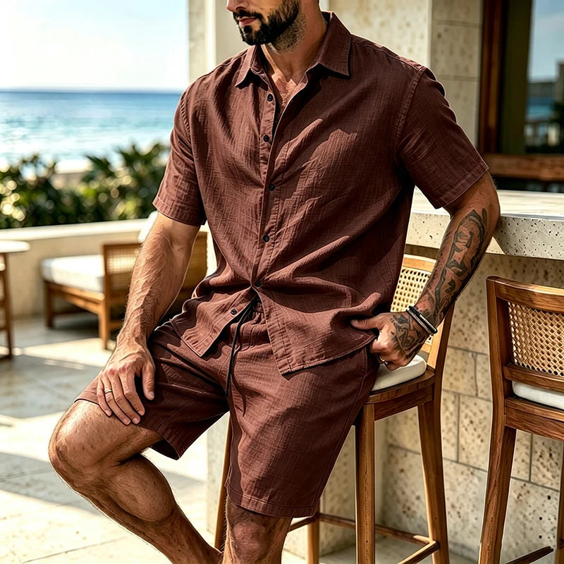 Men's 2 Piece Breathable Linen Set Short Sleeve Button Shirt & Shorts Looser Fit Summer Casual Beach Vacation Daily Wear Outfit