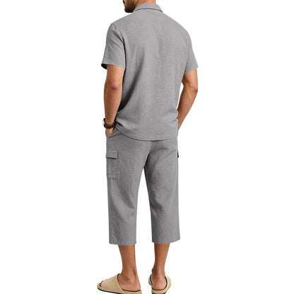 Men's Linen Breathable Loose Polo Two-Piece Set Short-Sleeve Top Work Pants Summer Beach Casual Sports Outfit