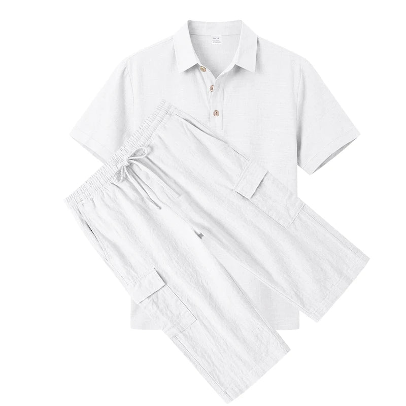 Men's Linen Breathable Loose Polo Two-Piece Set Short-Sleeve Top Work Pants Summer Beach Casual Sports Outfit