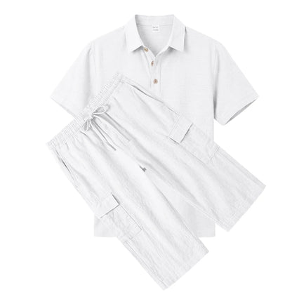 Men's Linen Breathable Loose Polo Two-Piece Set Short-Sleeve Top Work Pants Summer Beach Casual Sports Outfit