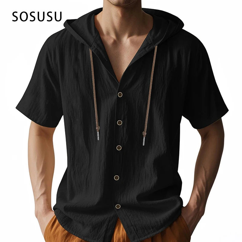 SOSUSU Men Short Sleeve Hooded Shirt Casual Button Down Drawstring Linen Style Summer Beach Tops Lightweight Breathable Loose
