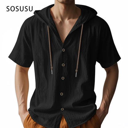 SOSUSU Men Short Sleeve Hooded Shirt Casual Button Down Drawstring Linen Style Summer Beach Tops Lightweight Breathable Loose