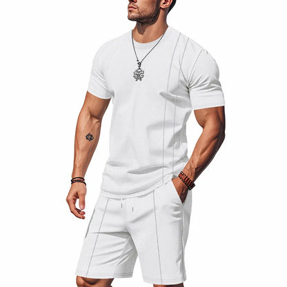 Men's Waffle Knit 2 Piece Tracksuit Set Solid Color Short Sleeve Crew Neck T Shirt Elastic Waist Shorts Summer Casual  Outfit.