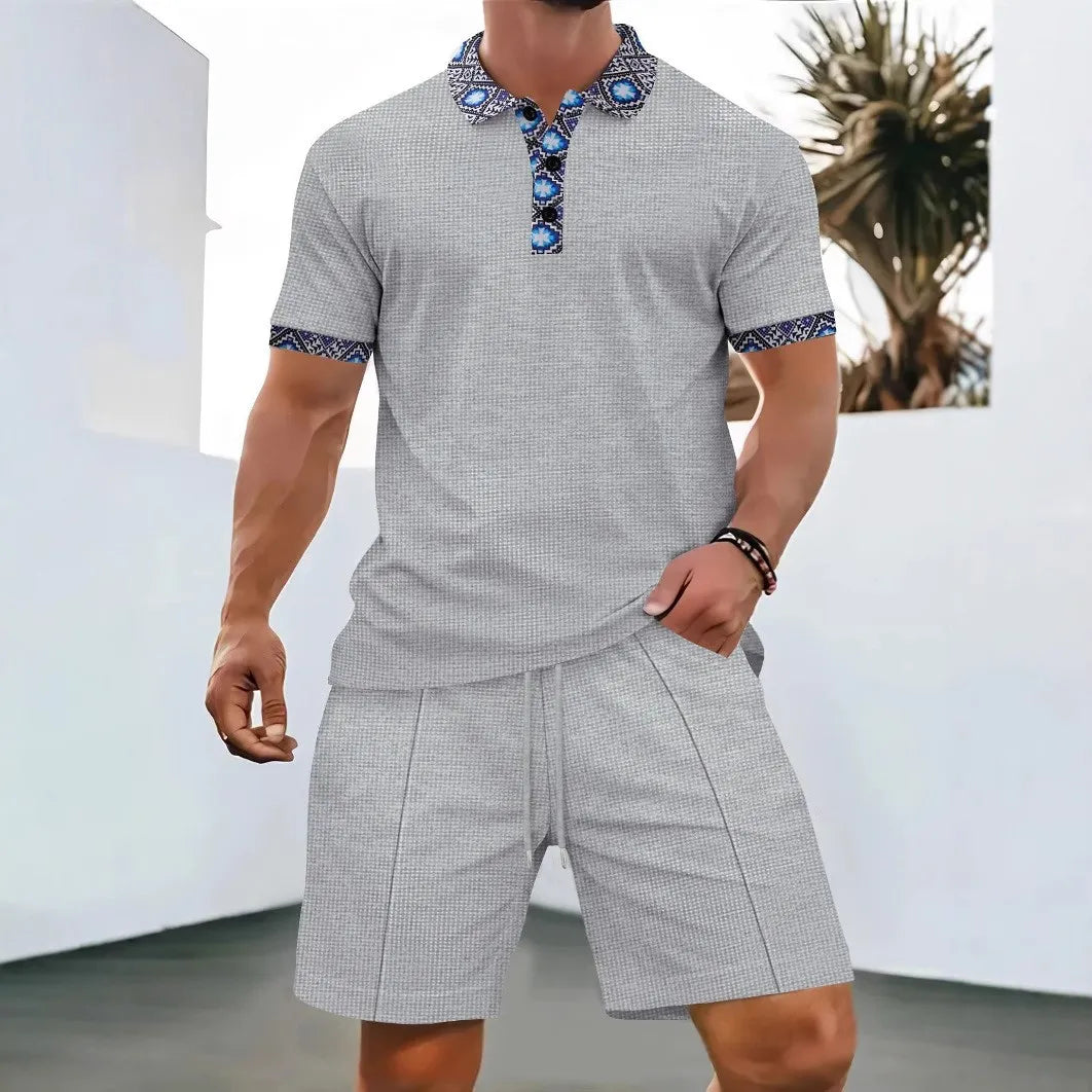 Summer Waffle Solid Color Casual Loose Collar Polo Shirt Set European and American Men Short Sleeved Shorts Casual Set