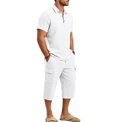 Men's Linen Breathable Loose Polo Two-Piece Set Short-Sleeve Top Work Pants Summer Beach Casual Sports Outfit