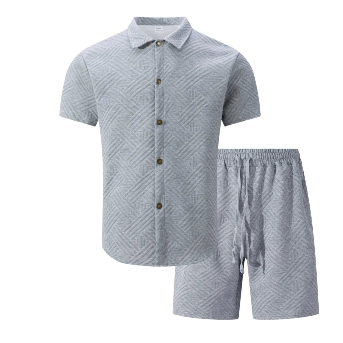 2026 Spring Summer Men Hot Sale Waffle Knit Solid Color Jacquard Lapel Cardigan Short Sleeve Shirt Shorts Casual 2 Piece Set