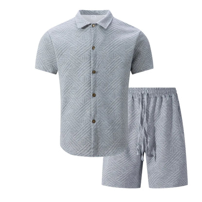 2026 Spring Summer Men Hot Sale Waffle Knit Solid Color Jacquard Lapel Cardigan Short Sleeve Shirt Shorts Casual 2 Piece Set