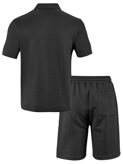 2025 Summer New Men's Casual Sportswear Polo Shirt With A Lapel, Men's Short-sleeved Shirt And Shorts, Jacquard Texture Suit