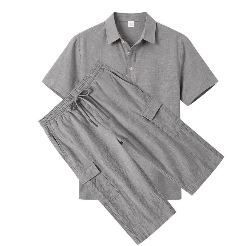 Men's Linen Breathable Loose Polo Two-Piece Set Short-Sleeve Top Work Pants Summer Beach Casual Sports Outfit
