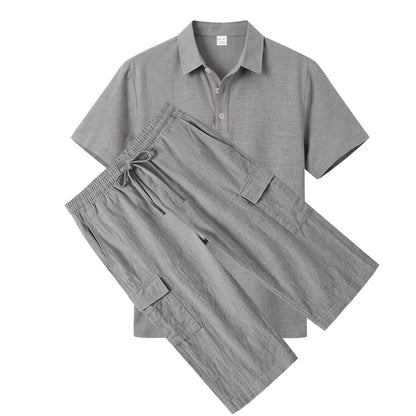 Men's Linen Breathable Loose Polo Two-Piece Set Short-Sleeve Top Work Pants Summer Beach Casual Sports Outfit