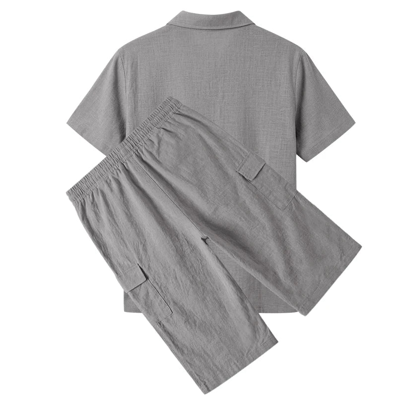 Men's Linen Breathable Loose Polo Two-Piece Set Short-Sleeve Top Work Pants Summer Beach Casual Sports Outfit