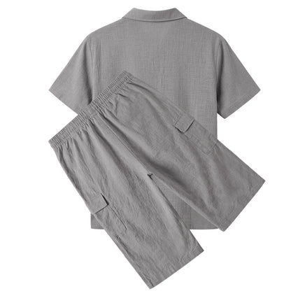 Men's Linen Breathable Loose Polo Two-Piece Set Short-Sleeve Top Work Pants Summer Beach Casual Sports Outfit