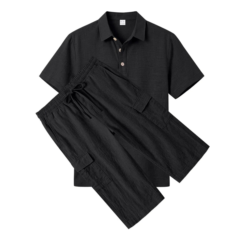 Men's Linen Breathable Loose Polo Two-Piece Set Short-Sleeve Top Work Pants Summer Beach Casual Sports Outfit