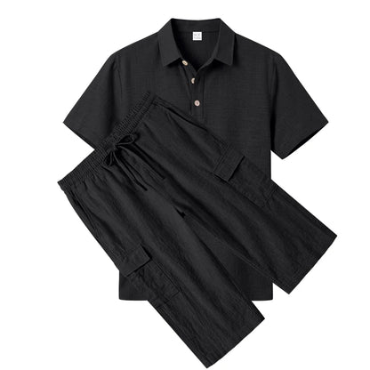 Men's Linen Breathable Loose Polo Two-Piece Set Short-Sleeve Top Work Pants Summer Beach Casual Sports Outfit