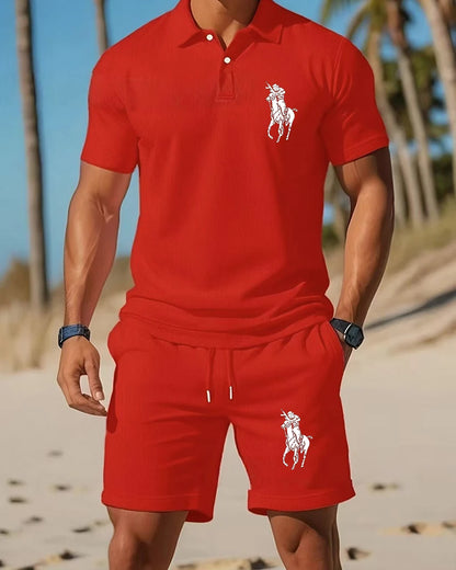 Men's trendy sports polo shirt paired with shorts,  print on the chest and breathable fabric,   distance travel and home wear