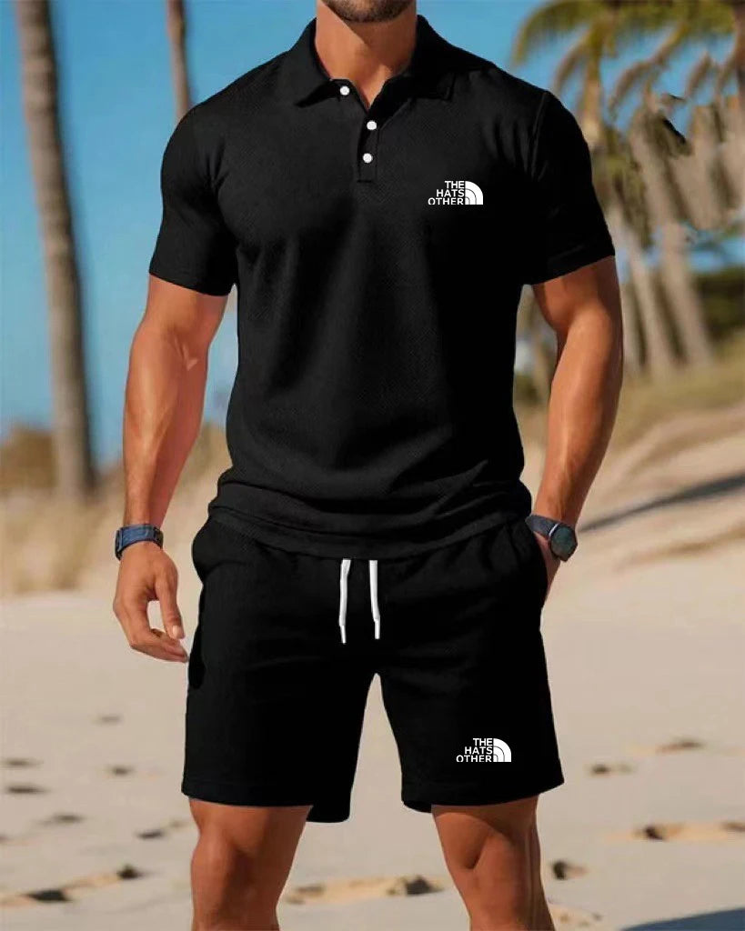 Daily essential men's casual Polo set exquisite letter printing soft glutinous fabric home fitness jogging versatile shorts set
