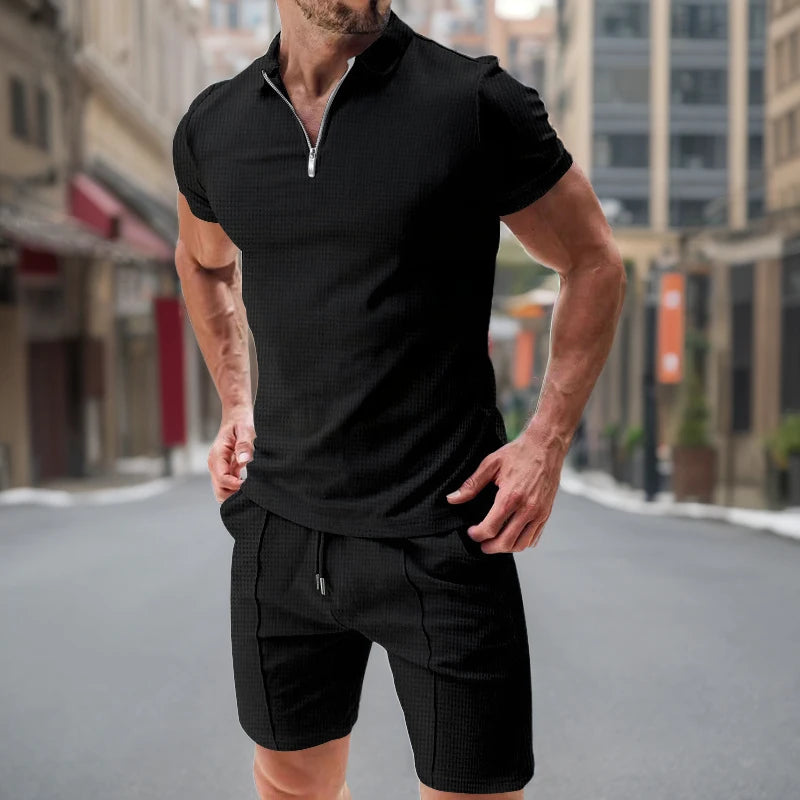 Men's Short Sleeved Shorts Casual Set Summer Waffle Solid Color Casual Sports Trend Loose Collar T-shirt Set Men