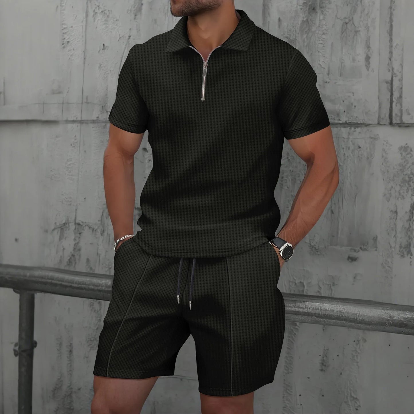 Summer Waffle Solid Color Casual Loose Collar Polo Shirt Set European and American Men Short Sleeved Shorts Casual Set