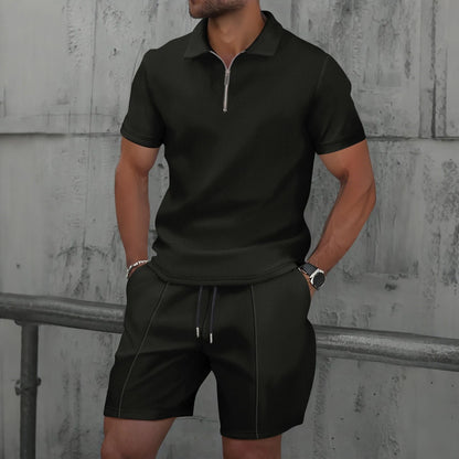 Summer Waffle Solid Color Casual Loose Collar Polo Shirt Set European and American Men Short Sleeved Shorts Casual Set