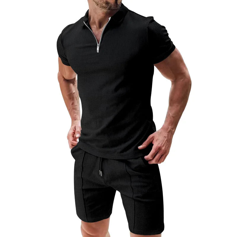 Men's Short Sleeved Shorts Casual Set Summer Waffle Solid Color Casual Sports Trend Loose Collar T-shirt Set Men