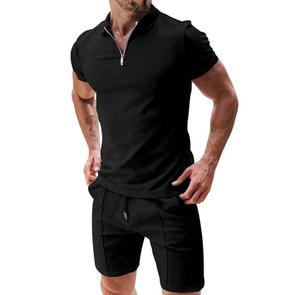 Men's Short Sleeved Shorts Casual Set Summer Waffle Solid Color Casual Sports Trend Loose Collar T-shirt Set Men