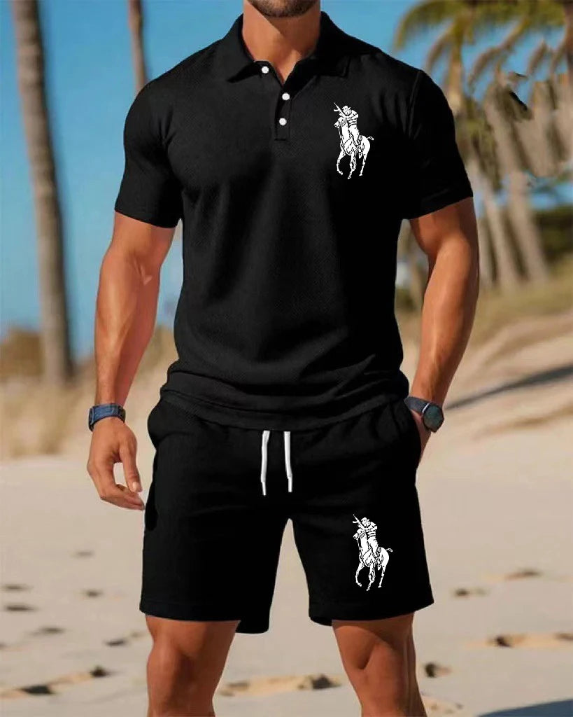 Men's trendy sports polo shirt paired with shorts,  print on the chest and breathable fabric,   distance travel and home wear