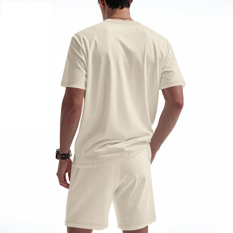 Men's Waffle Knit 2 Piece Tracksuit Set Solid Color Short Sleeve Crew Neck T Shirt Elastic Waist Shorts Summer Casual  Outfit.