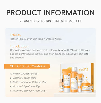 LAIKOU VITAMIN C Skincare Set Brightening 5Pcs Kit Even Skin Tone Smooth Wrinkle Tighten Pores Cleanser Toner Serum Eye Cream