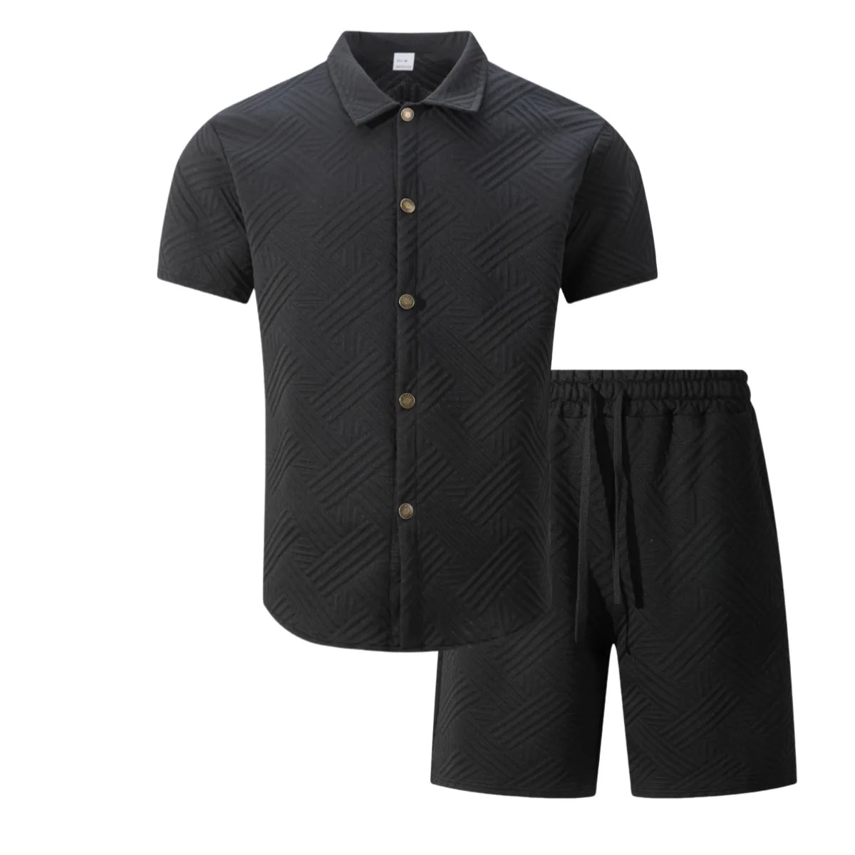 2026 Spring Summer Men Hot Sale Waffle Knit Solid Color Jacquard Lapel Cardigan Short Sleeve Shirt Shorts Casual 2 Piece Set