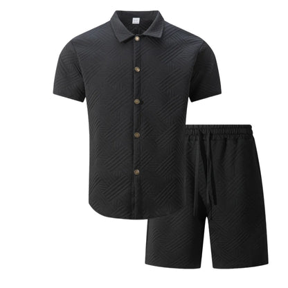 2026 Spring Summer Men Hot Sale Waffle Knit Solid Color Jacquard Lapel Cardigan Short Sleeve Shirt Shorts Casual 2 Piece Set