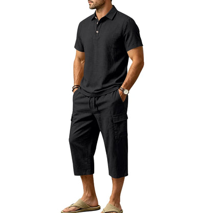 Men's Linen Breathable Loose Polo Two-Piece Set Short-Sleeve Top Work Pants Summer Beach Casual Sports Outfit