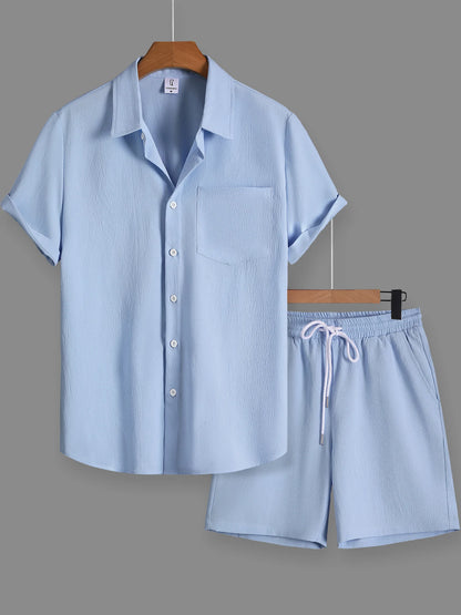 Men's Apricot Crinkle Texture Shirt Shorts 2 Piece Matching Set Lightweight Casual Vacation Outfit Free Shipping Summer Daily Commuter Wear