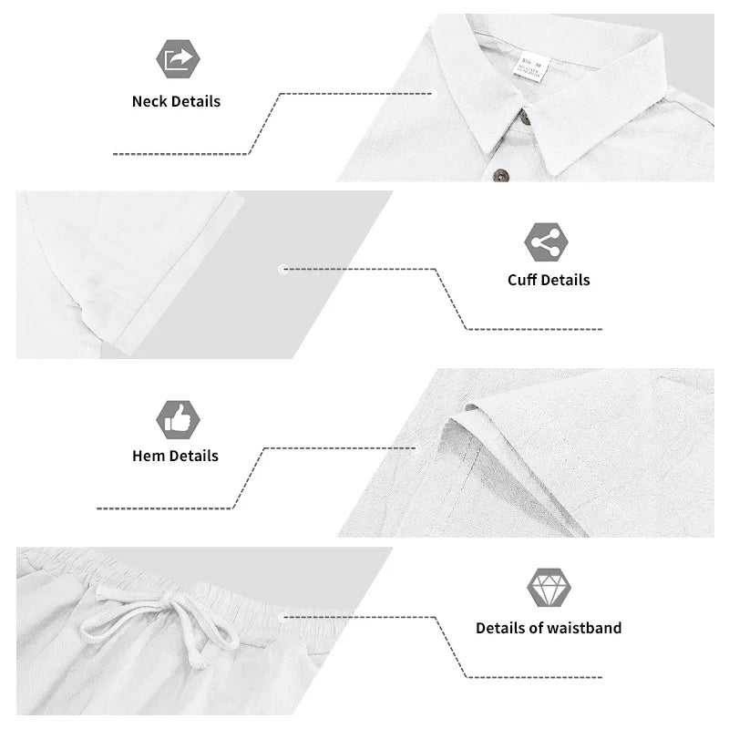 Men's Linen Breathable Loose Polo Two-Piece Set Short-Sleeve Top Work Pants Summer Beach Casual Sports Outfit