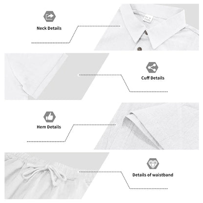 Men's Linen Breathable Loose Polo Two-Piece Set Short-Sleeve Top Work Pants Summer Beach Casual Sports Outfit