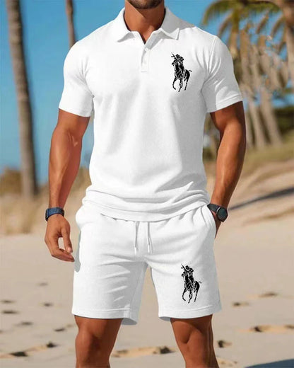 Men's trendy sports polo shirt paired with shorts,  print on the chest and breathable fabric,   distance travel and home wear