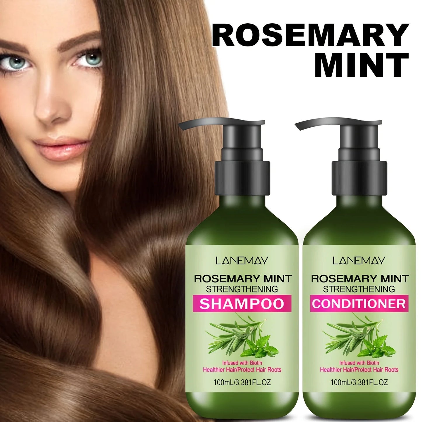 2PCS Rosemary Mint Strengthening Shampoo and Conditioner Set, Moisturizing with Rosemary Extract for Healthier, Stronger Hair