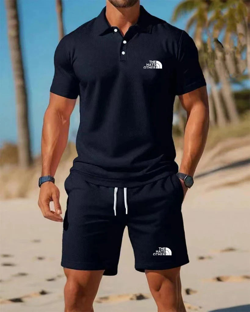 Daily essential men's casual Polo set exquisite letter printing soft glutinous fabric home fitness jogging versatile shorts set